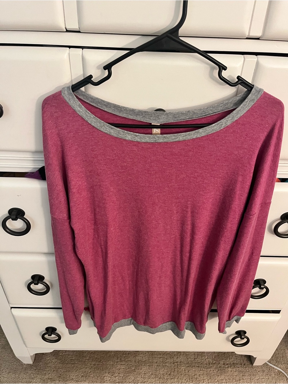 Women's Long Sleeve Crewneck Top in Raspberry with Contrast Trim